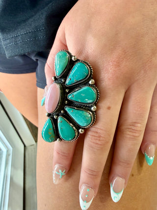 Tibetan German Silver Half Cluster Ring with Kingman Turquoise & Pink Conch | Adjustable Western Statement Ring
