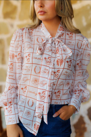 Western Howdy Print Tie Neck Blouse for Women | Vintage Cowgirl Bow Top