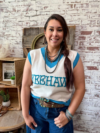 White & Turquoise Yeehaw Sweater Vest – Western Cowgirl Knit Top