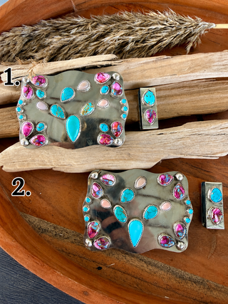 Custom Cactus Kingman Turquoise ,Pink Conch & Purple Dahlia Belt Buckle Set | Sterling Silver Bezels Western Buckle