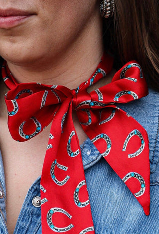 Red Turquoise Horseshoe Twilly Scarf | Western Hair Scarf & Purse Ribbon