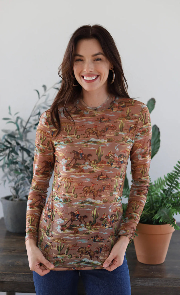 Taupe Western Print Mesh Top