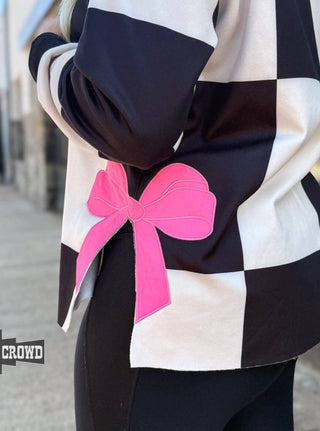 Black & White Checkered Pink Bow Bombshell Pullover – Western Cowgirl Sweatshirt