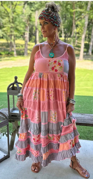 Jaded Gypsy Garden Walks Patchwork Maxi Sundress – Boho Western Tiered Dress- One Size 