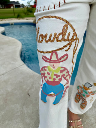 Leg details Howdy Cowgirl Embroidered Western Pants | White Cropped Cowgirl Jeans