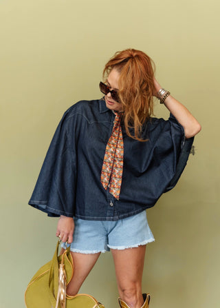 Concho Cowgirl Denim Poncho Top- One Size