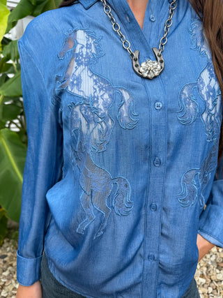 Blue Horse Lace Button-Up Blouse | Western Chambray Embroidered Top