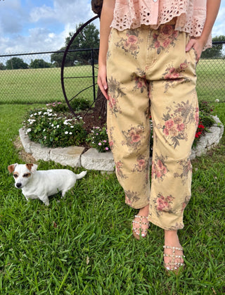 Easel Vintage Floral Barrel Pants | Mineral Washed Cotton Twill Pants- Oatmeal