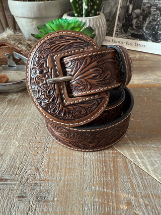 Brown Tooled Leather Western Belt With Removable Buckle