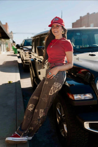 2 Fly Co Chatty Cowboy Wide Leg Front Seam Trousers | Retro Western Graphic Print Jeans