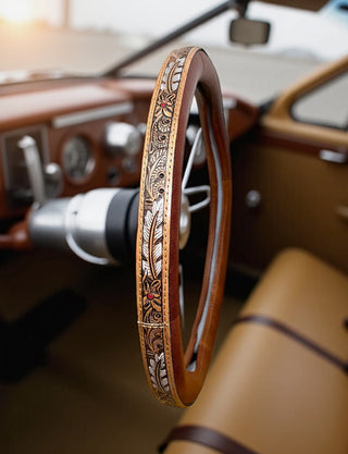 Western Tooled Leather Steering Wheel Cover with Floral & Feather Design