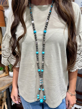 Western Turquoise & Metal Bead Jocla Jacla Necklace – 36” Long Native American Inspired Southwestern Statement Necklace