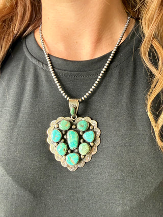 Tibetan German Silver Turquoise Heart Pendant | Southwestern Statement Necklace | Pearls Not Included