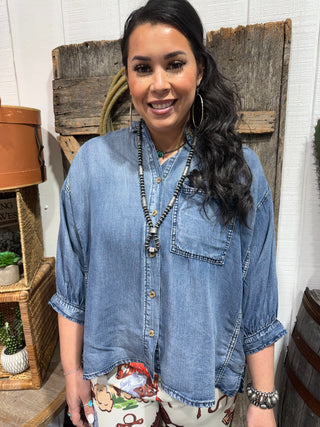 Western Chambray Denim Button-Up Blouse | Oversized-Loose Fit Cowgirl Top