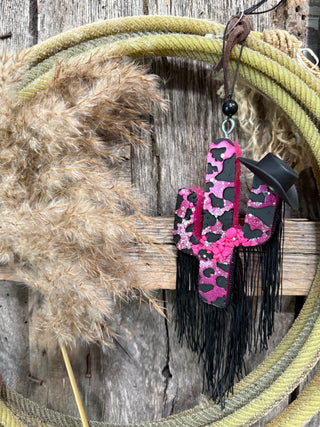 Pink Leopard Cactus Car Freshie – Western Fringe & Cowboy Hat Design