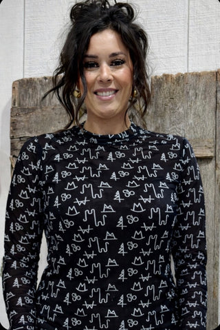 Western Cattle Brand Mesh Mock Neck Top – Black