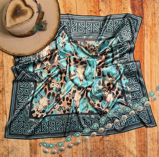 Wild West Longhorn Wild Rag Scarf – 36” x 36” Turquoise Leopard Western Print