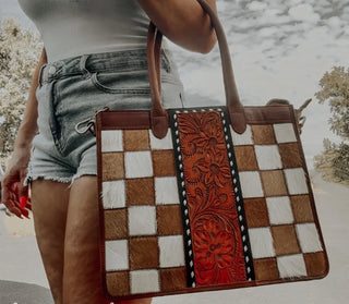 Virginia Cowhide Checkered Leather Tote Bag with Tooled Floral Panel & Strap-Concealed Carry