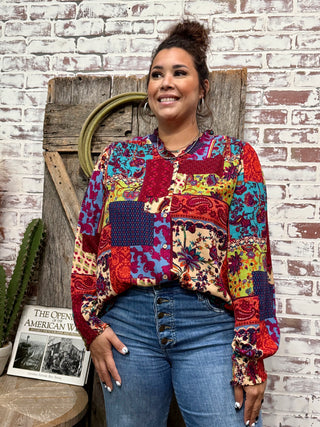 Boho Patchwork Blouse & Relaxed Denim: Eclectic Style for Free Spirits