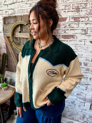 Cowgirl Rodeo Horse Graphic Western Zip Up Cardigan-Evergreen