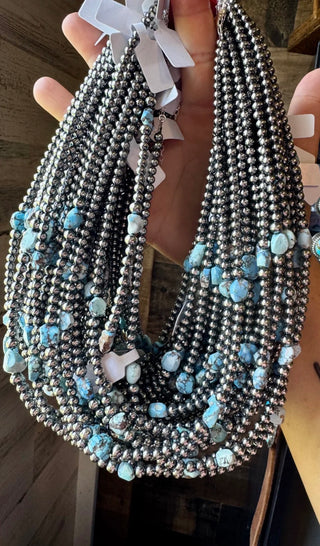 Golden Hills Turquoise Necklace with Sterling Silver Pearls – 16” Western Layering Necklace with Extender