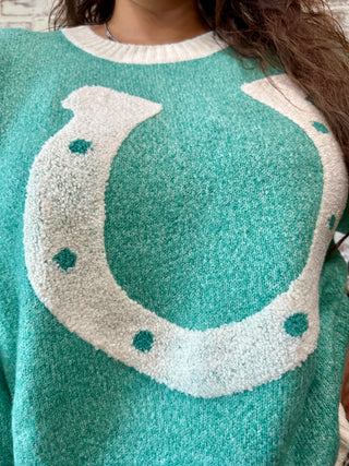 Lucky Charm Horseshoe Sweater- Turquoise