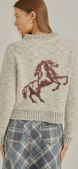 Western Horse Graphic Zip Cardigan Sweater – Cowgirl Cozy Bucle’ Knit with Horse Pockets