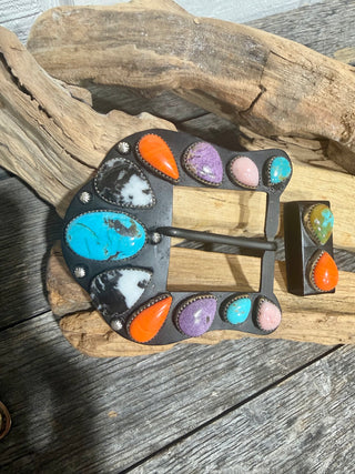 Handcrafted Multi-Stone Western Belt Buckle Set with Matching Keeper | Turquoise, Purple & Orange Spiny Oyster Pink Opal
