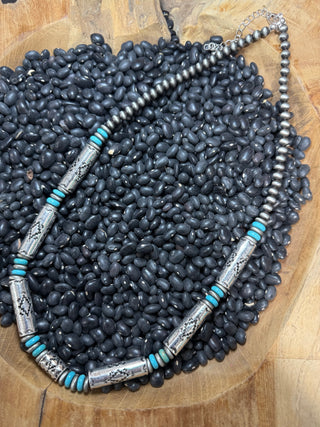 Western Navajo-Style Pearl Necklace with Turquoise Accents | Silver Tone Beaded Necklace