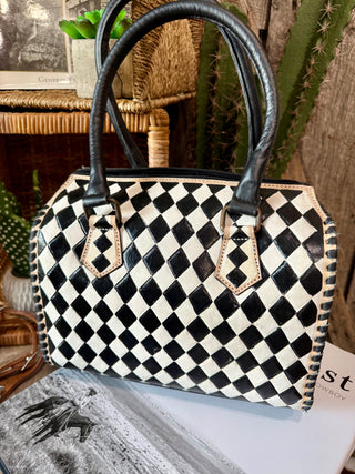 Hand Painted Black & White Checkered Speedy Bag- Medium
