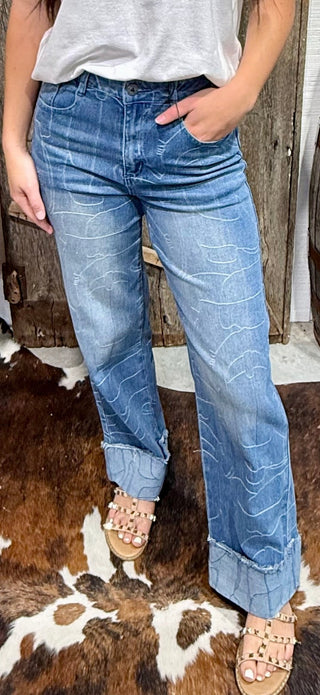 2 Fly Boot Print Cuffed Wide Leg Jeans - Barbwire n Bougie Boutique