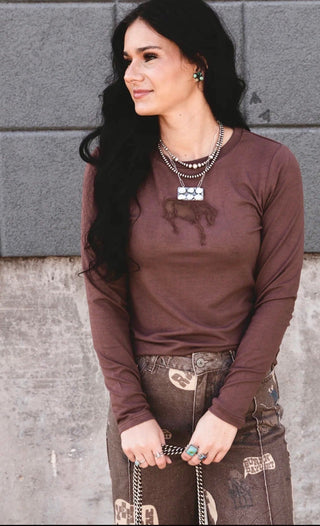 2 Fly Co Buck Out Cut-Out Horse Long Sleeve Top-Chocolate Brown - Barbwire n Bougie Boutique