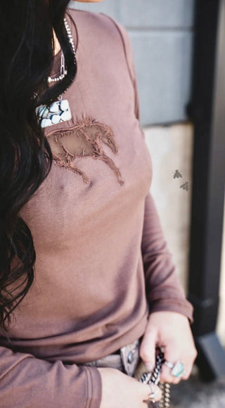 2 Fly Co Buck Out Cut-Out Horse Long Sleeve Top-Chocolate Brown - Barbwire n Bougie Boutique