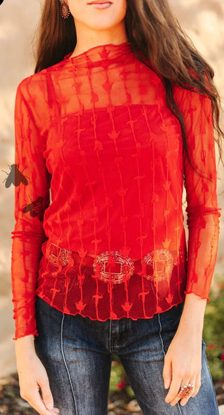 2 Fly Co Lariat Lace Mesh Top – Red Western Sheer Long Sleeve Mock Neck Blouse - Barbwire n Bougie Boutique