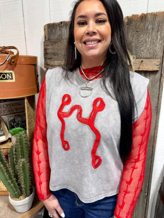 2 Fly Co Lariat Lace Mesh Top – Red Western Sheer Long Sleeve Mock Neck Blouse - Barbwire n Bougie Boutique