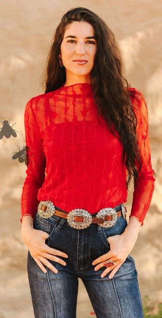 2 Fly Co Lariat Lace Mesh Top – Red Western Sheer Long Sleeve Mock Neck Blouse - Barbwire n Bougie Boutique