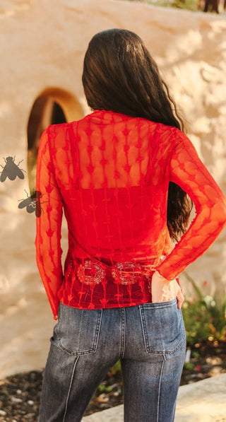 2 Fly Co Lariat Lace Mesh Top – Red Western Sheer Long Sleeve Mock Neck Blouse - Barbwire n Bougie Boutique