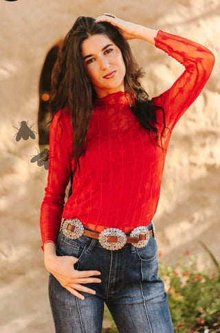 2 Fly Co Lariat Lace Mesh Top – Red Western Sheer Long Sleeve Mock Neck Blouse - Barbwire n Bougie Boutique