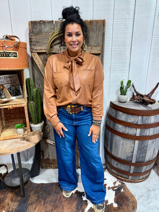 2 Fly Co Leather Outlaw Bow Tie Top – Western Faux Leather Blouse with Turquoise Snaps-Cognac Saddle - Barbwire n Bougie Boutique