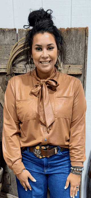 2 Fly Co Leather Outlaw Bow Tie Top – Western Faux Leather Blouse with Turquoise Snaps-Cognac Saddle - Barbwire n Bougie Boutique