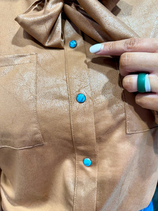 2 Fly Co Leather Outlaw Bow Tie Top – Western Faux Leather Blouse with Turquoise Snaps-Cognac Saddle - Barbwire n Bougie Boutique