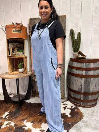 2 Fly Co Ranch Hand Pinstripe Denim Overalls | Western Wide Leg Button Front Jumpsuit - Barbwire n Bougie Boutique