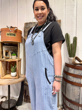 2 Fly Co Ranch Hand Pinstripe Denim Overalls | Western Wide Leg Button Front Jumpsuit - Barbwire n Bougie Boutique