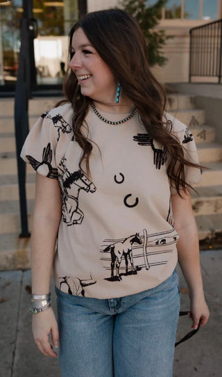 2 Fly Co Tucson Western Graphic Top | Horse & Cactus Desert Print Cowgirl Tee - Barbwire n Bougie Boutique