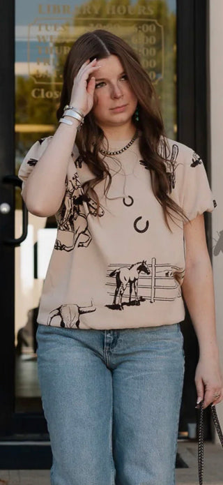 2 Fly Co Tucson Western Graphic Top | Horse & Cactus Desert Print Cowgirl Tee - Barbwire n Bougie Boutique