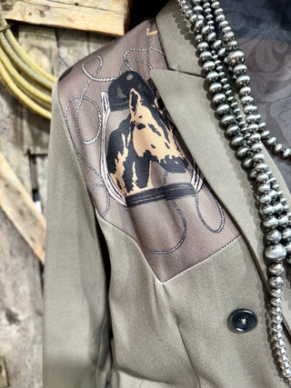 2 Fly Stirrup Trouble Western Blazer | Horse Print Statement Jacket - Barbwire n Bougie Boutique