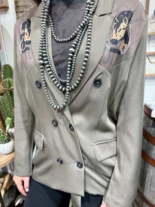 2 Fly Stirrup Trouble Western Blazer | Horse Print Statement Jacket - Barbwire n Bougie Boutique