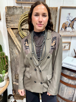2 Fly Stirrup Trouble Western Blazer | Horse Print Statement Jacket - Barbwire n Bougie Boutique