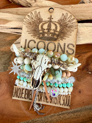 Neutral Western Longhorn Bracelet Stack | Turquoise Cowgirl Beaded Stretch Bracelets