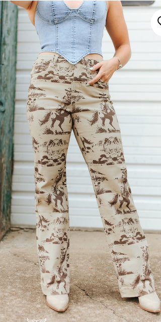 Cowgirl Rodeo Scene Wide Leg Pants – Western Print Trouser Jeans